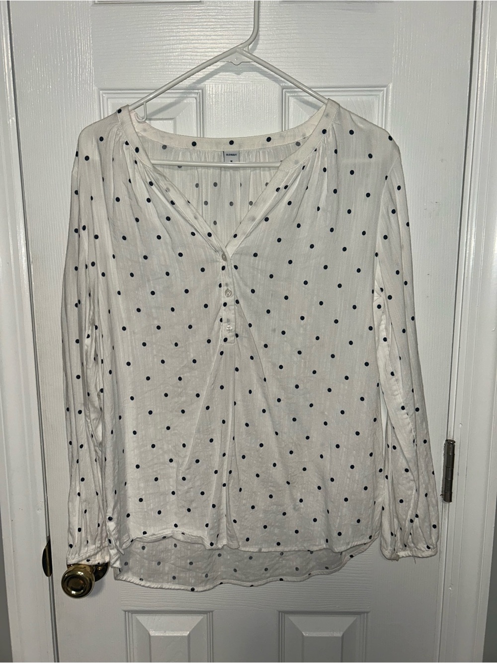 Polka Dot V-Neck Long Sleeve Blouse - White with Blue Dots